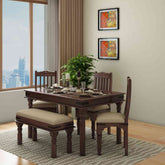 Ajmer Solid Sheesham Wood 5 Seater Dining Set With Bench (With Cushion, Walnut Finish)